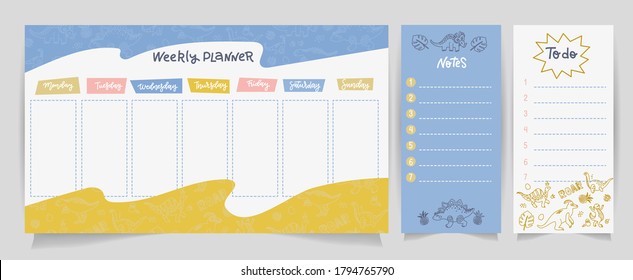 Weekly planner, wish list, to do list in cartoon flat style with cute tiger and motivation phrase. Follow your dreams. Set of digital prints. Back to school. Flat lay, organizer mock up