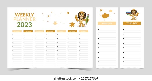 Weekly planner with wish list, to do list illustration for kid. Calendar for elementary school student vector table with cute lion, cloud, star. Kids schedule design template.