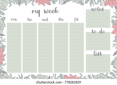 Weekly planner withpink flowers and green leaves, stationery organizer for daily plans, floral vector weekly planner template, schedules