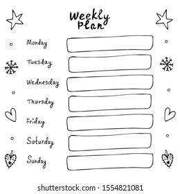 Weekly planner. Write your business according to the days of the week so you don’t forget anything on holidays and weekends. Christmas planner decorated with traditional winter elements.