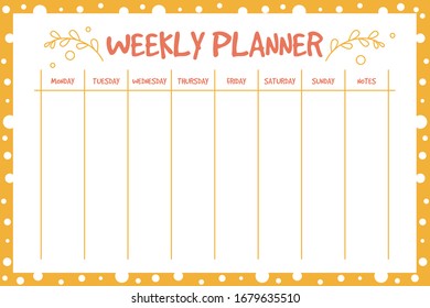 Weekly planner yellow design template vector isolated. Week schedule, printable calendar. Colorful cute element on banner.