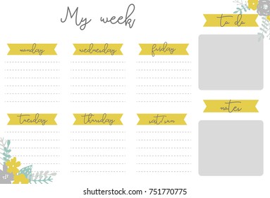 Weekly planner with yellow flowers, stationery organizer for daily plans, floral vector weekly planner template, schedules. Mustard ribbons.