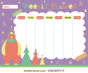 Wöchentlicher Planer, Tagesplaner mit süßem Orangenbär im Dodle-Cartoon-Stil. Kinder planen Vorlage mit buntem Design. Vektorgrafik.KinderSchreibwaren.