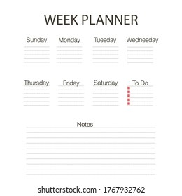 Weekly planner.Format A4 .Paper sheet schedules.Organizer and schedule with place for Notes.To Do List, Shopping List and More. 