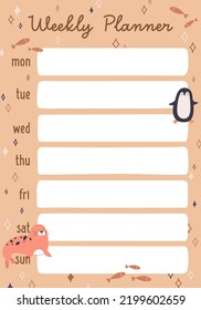 Weekly planners page design with lines for daily plans. Diary, organizer paper template, schedule with cute animals in childish Scandinavian style. Printable colored flat vector illustration