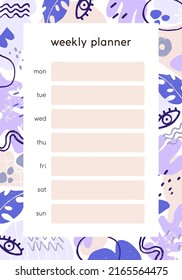 Weekly planners page template. Daily plan, schedule for week. Organizers paper design with list from Monday till Sunday, timetable background in minimalist style. Flat graphic vector illustration