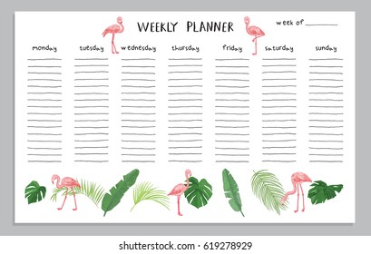 weekly planner,summer with flamingo and tropical palm leaves doodle design.