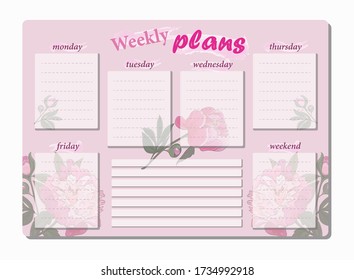 Weekly planning sheet for your affairs. Pink background with peonies flowers