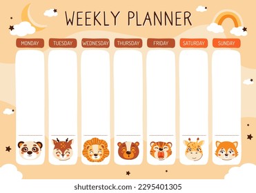 Weekly planning template for children and adults. Cute animal glider for boys and girls. Vector illustration.