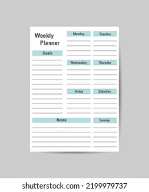 Weekly planning template. Design on a white and turquoise background.