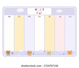 weekly planning vector template. Cute diary, gentle design with animals. glider. notebook for notes. pages for writing