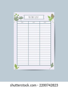 Weekly planning, wish list, task list in flat style with flowers and leaves