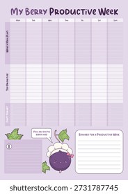 Weekly Productive Planner and Meal Log. Stationery with Cute Kawaii Female Chef Blackcurrant Mascot. Purple Portrait Layout for Kitchen Goals and Reward Tracking. Vertical Vector Illustration
