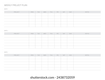 weekly project plan design template in a modern, simple, and minimalist style. Note, scheduler, diary, calendar, planner document template illustration.
