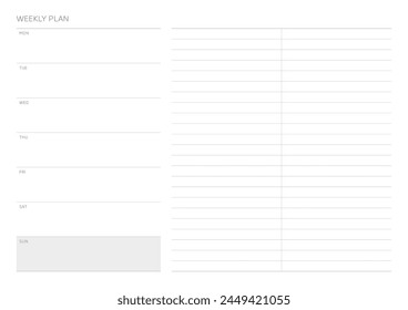 A weekly project plan design template in a modern, simple, and minimalist style. Note, scheduler, diary, calendar, planner document template illustration.