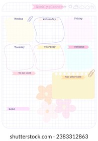 weekly reminder planner inspiration notepaper design printable . Pink, yellow, soft color kawaii pages for tags , daily notes, diet menu breakfast lunch dinner 