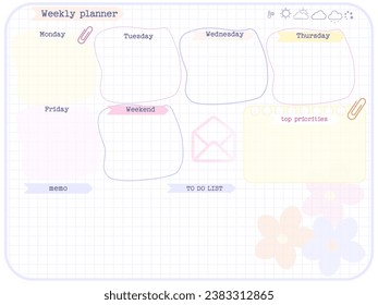 weekly reminder planner inspiration notepaper design printable . Pink, yellow, soft color kawaii pages for tags , daily notes, diet menu breakfast lunch dinner 