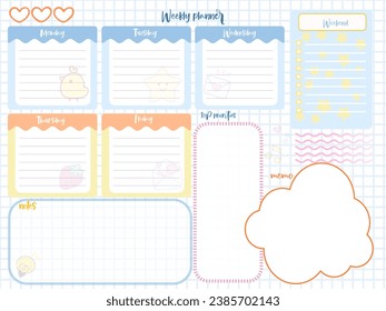 weekly reminder planner inspiration notepaper design printable . Pink, soft color kawaii pages for tags , daily notes, diet menu breakfast lunch dinner 