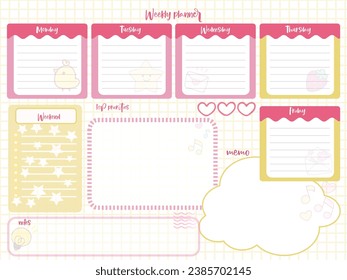 weekly reminder planner inspiration notepaper design printable . Pink, soft color kawaii pages for tags , daily notes, diet menu breakfast lunch dinner 