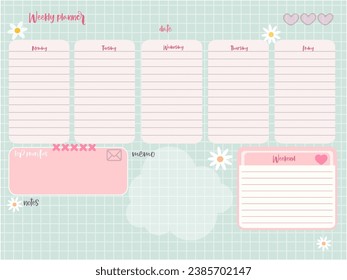 weekly reminder planner inspiration notepaper design printable . Pink, soft color kawaii pages for tags , daily notes, diet menu breakfast lunch dinner 