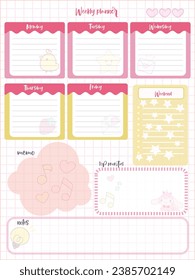 weekly reminder planner inspiration notepaper design printable . Pink, soft color kawaii pages for tags , daily notes, diet menu breakfast lunch dinner 