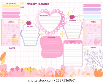 weekly reminder planner inspiration notepaper design printable . Pink, soft color kawaii cupcake pages for tags , daily notes, diet menu breakfast lunch dinner memo