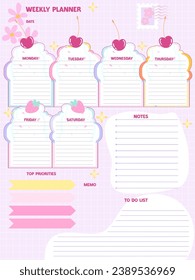 weekly reminder planner inspiration notepaper design printable . Pink, soft color kawaii cupcake pages for tags , daily notes, diet menu breakfast lunch dinner memo