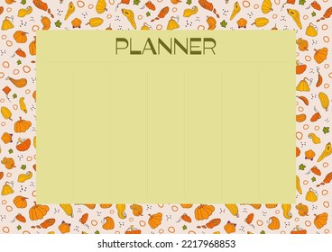 Weekly routine organization, simple life planner. Autumn design template, hand drawn pumpkins, flat vector illustration