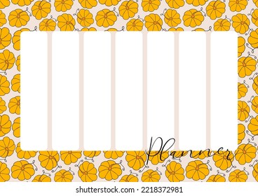 Weekly routine organization, simple life planner. Autumn design template, hand drawn pumpkins, flat vector illustration