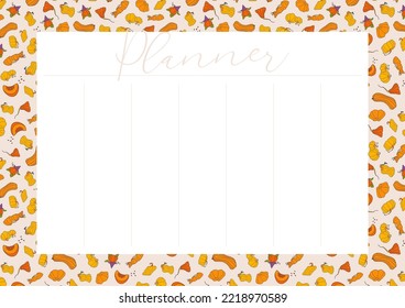 Weekly routine organization, simple life planner. Autumn design template, hand drawn pumpkins, flat vector illustration