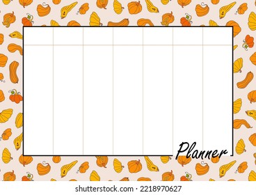 Weekly routine organization, simple life planner. Autumn design template, hand drawn pumpkins, flat vector illustration