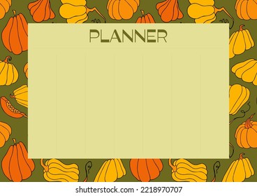 Weekly routine organization, simple life planner. Autumn design template, hand drawn pumpkins, flat vector illustration
