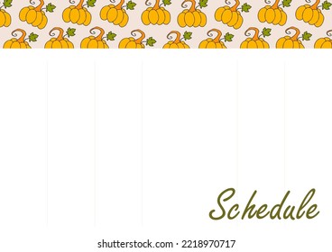 Weekly routine organization, simple life planner. Autumn design template, hand drawn pumpkins, flat vector illustration