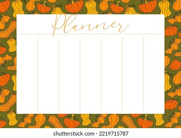 Weekly routine organization, simple life planner. Autumn design template, hand drawn pumpkins, flat vector illustration