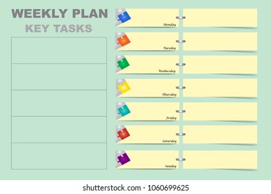 Weekly schedule with a chart for key tasks of the week and yellow cards with puzzle design for each day of the week on the right part of the vector ready for your text. 