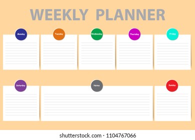 Weekly schedule with a chart for notes and white charts with color stripes for each day of the week ready for your text. Every chart is designed by color circle button with sign of the day. 