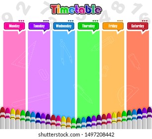 Weekly schedule or to do list timetable, with colorful crayon illustration template.