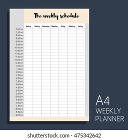 The weekly schedule. Hourly personal planner. Blank form. Format A4