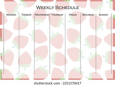 Weekly schedule page on pastel strawberry background. Event planner template, days of the week, planning, dairy, project, priorities, notes, appointments. Time management concept. Vector illustration