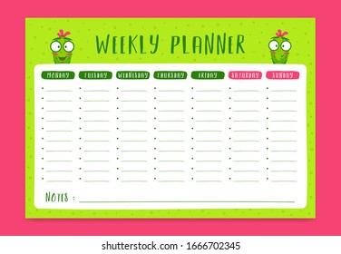 Weekly schedule planner in fun style with cactus cartoon character, planner monday to sunday with notes