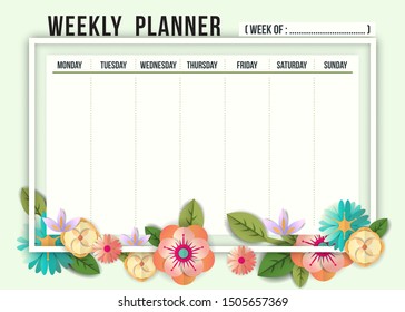 Weekly schedule planner template with flowers frame border on light green background, A4 size