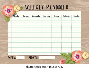 Weekly schedule planner template with flowers frame border on wooden background, A4 size