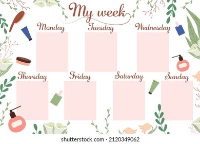 Weekly schedule. planner. Women's notebook. Vector stock illustration. White background. Flat style. Notes. Notebook.