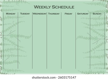 Weekly schedule set icon. Green leafy background with vertical layout for organizing weekly tasks in a natural, calm planner format.
