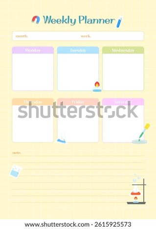Weekly, schedule. Weekly schedule for students decorated with science experiment tools. Vector illustration design.