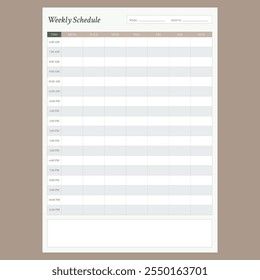 Weekly schedule template. Vector illustration. Printable personal weekly schedule