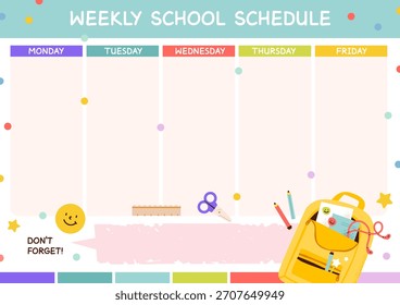 Weekly School Schedule Planner for Kids. School schedule template for children, featuring labeled days of the week, writing tasks, and cute school illustrations. Education concept.