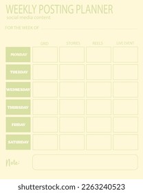 Weekly social media content planner. This planner will help you to track your social media post. This simple vintage color habit tracker is perfect for content creator like youtubers, instragram user.