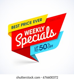 Weekly Specials sale banner template, special offer, best price ever. Vector illustration