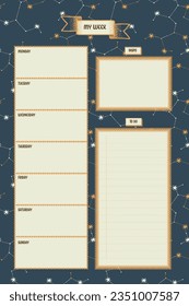 Weekly spread. Week starts on Monday, each day has its own section. It has space to add pictures for inspiration and a list of To Do's for the week.